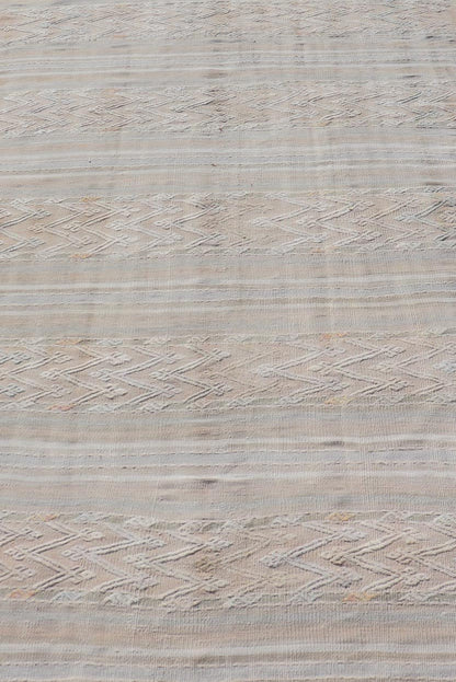 Striped Hand Woven Turkish Flat - Weave Kilim in Muted Colors and Tribal Motifs Turkish Kilim vintage carpet in muted colors and design with tribal motifs. Keivan Woven Arts / rug EN - 179780, country of origin / type: Turkey / Kilim , circa 1950... - Keivan Woven ArtsEN - 13478 - 18812Rug