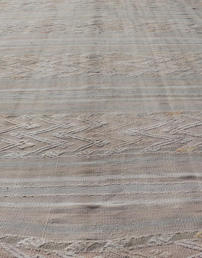 Striped Hand Woven Turkish Flat - Weave Kilim in Muted Colors and Tribal Motifs Turkish Kilim vintage carpet in muted colors and design with tribal motifs. Keivan Woven Arts / rug EN - 179780, country of origin / type: Turkey / Kilim , circa 1950... - Keivan Woven ArtsEN - 13478 - 18812Rug