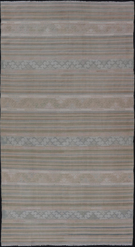 Turkish Gallery Flat - Weave Kilim in Muted Colors with Stripes and Embroideries Measures: 5'2 x 10'1 This charming vintage flat weave Kilim was hand woven in Turkey during the 1950s. Varying color combinations of muted shades of blue,... - Keivan Woven ArtsEN - 13481 - 19250