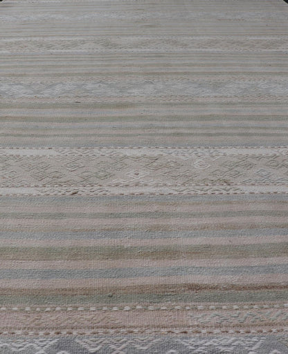 Turkish Gallery Flat - Weave Kilim in Muted Colors with Stripes and Embroideries Measures: 5'2 x 10'1 This charming vintage flat weave Kilim was hand woven in Turkey during the 1950s. Varying color combinations of muted shades of blue,... - Keivan Woven ArtsEN - 13481 - 19250Rug