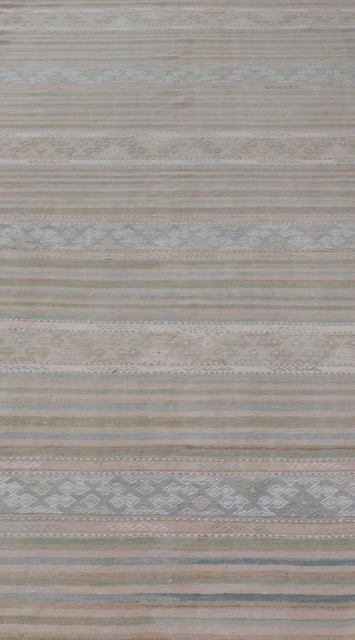 Turkish Gallery Flat - Weave Kilim in Muted Colors with Stripes and Embroideries Measures: 5'2 x 10'1 This charming vintage flat weave Kilim was hand woven in Turkey during the 1950s. Varying color combinations of muted shades of blue,... - Keivan Woven ArtsEN - 13481 - 19250Rug