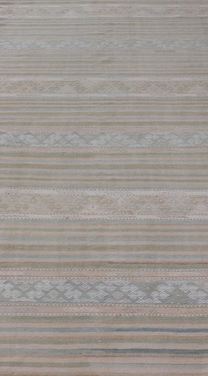 Turkish Gallery Flat - Weave Kilim in Muted Colors with Stripes and Embroideries Measures: 5'2 x 10'1 This charming vintage flat weave Kilim was hand woven in Turkey during the 1950s. Varying color combinations of muted shades of blue,... - Keivan Woven ArtsEN - 13481 - 19250Rug