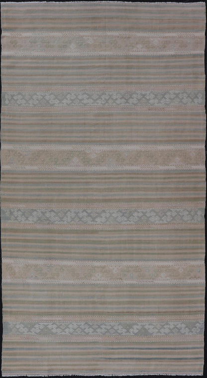 Turkish Gallery Flat - Weave Kilim in Muted Colors with Stripes and Embroideries Measures: 5'2 x 10'1 This charming vintage flat weave Kilim was hand woven in Turkey during the 1950s. Varying color combinations of muted shades of blue,... - Keivan Woven ArtsEN - 13481 - 19250Rug