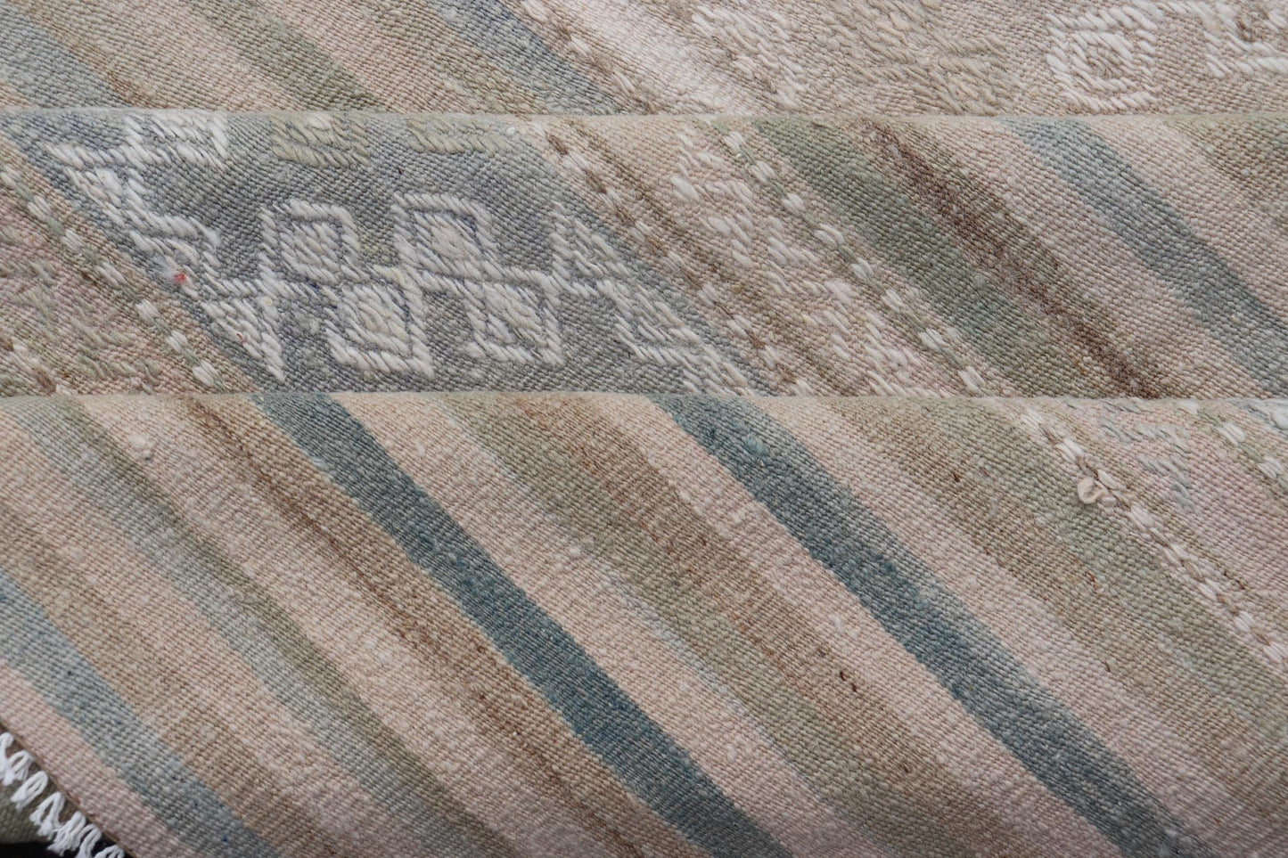 Turkish Gallery Flat - Weave Kilim in Muted Colors with Stripes and Embroideries Measures: 5'2 x 10'1 This charming vintage flat weave Kilim was hand woven in Turkey during the 1950s. Varying color combinations of muted shades of blue,... - Keivan Woven ArtsEN - 13481 - 19250Rug