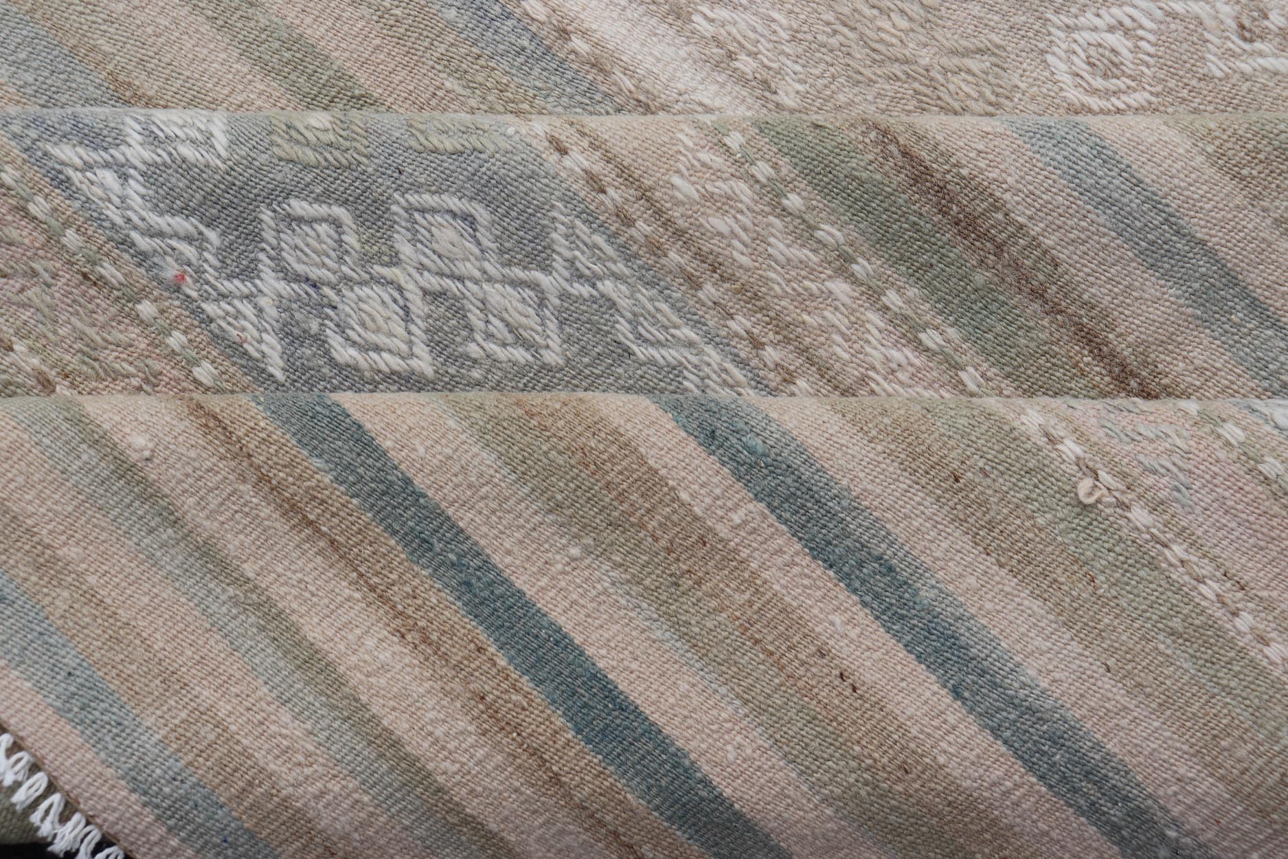 Turkish Gallery Flat - Weave Kilim in Muted Colors with Stripes and Embroideries Measures: 5'2 x 10'1 This charming vintage flat weave Kilim was hand woven in Turkey during the 1950s. Varying color combinations of muted shades of blue,... - Keivan Woven ArtsEN - 13481 - 19250Rug