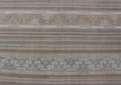 Turkish Gallery Flat - Weave Kilim in Muted Colors with Stripes and Embroideries Measures: 5'2 x 10'1 This charming vintage flat weave Kilim was hand woven in Turkey during the 1950s. Varying color combinations of muted shades of blue,... - Keivan Woven ArtsEN - 13481 - 19250Rug