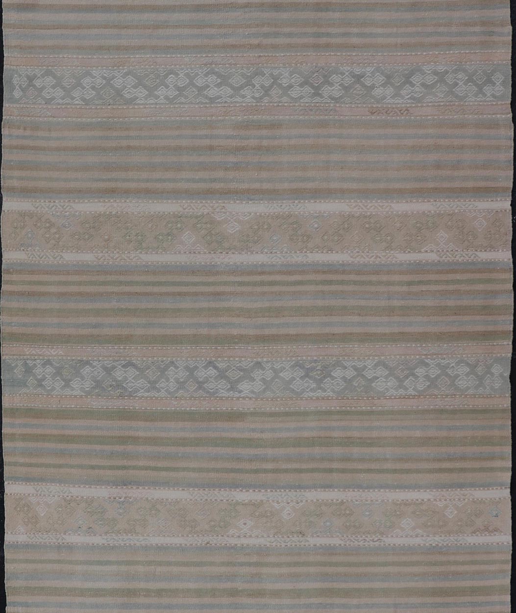 Turkish Gallery Flat - Weave Kilim in Muted Colors with Stripes and Embroideries Measures: 5'2 x 10'1 This charming vintage flat weave Kilim was hand woven in Turkey during the 1950s. Varying color combinations of muted shades of blue,... - Keivan Woven ArtsEN - 13481 - 19250Rug