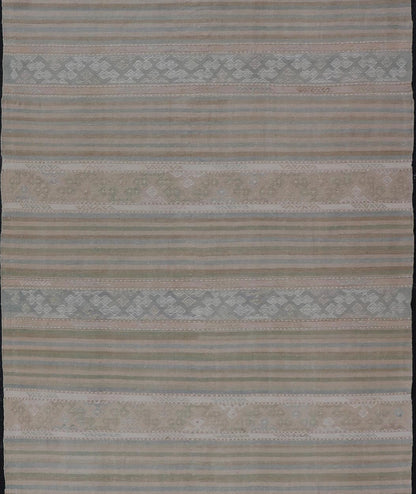 Turkish Gallery Flat - Weave Kilim in Muted Colors with Stripes and Embroideries Measures: 5'2 x 10'1 This charming vintage flat weave Kilim was hand woven in Turkey during the 1950s. Varying color combinations of muted shades of blue,... - Keivan Woven ArtsEN - 13481 - 19250Rug