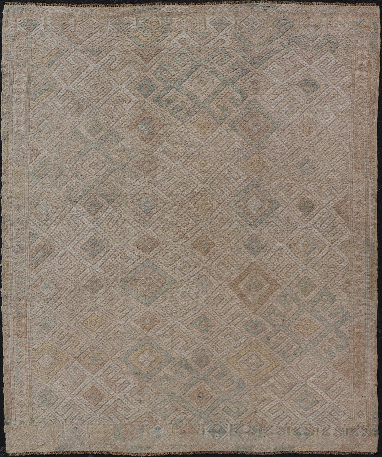 Vintage Turkish Embroidered Rug with All - Over Geometric Diamond Design Measures: 5'0 x 6'5 This vintage Turkish Kilim features soft neutral colors and a woven texture. The design is a sub - geometric tribal diamond design in faded light gr... - Keivan Woven ArtsEN - 13483 - 18818Rug