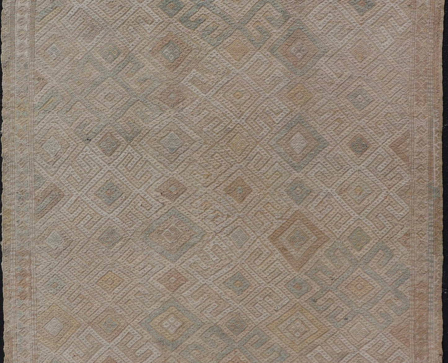 Vintage Turkish Embroidered Rug with All - Over Geometric Diamond Design Measures: 5'0 x 6'5 This vintage Turkish Kilim features soft neutral colors and a woven texture. The design is a sub - geometric tribal diamond design in faded light gr... - Keivan Woven ArtsEN - 13483 - 18818Rug