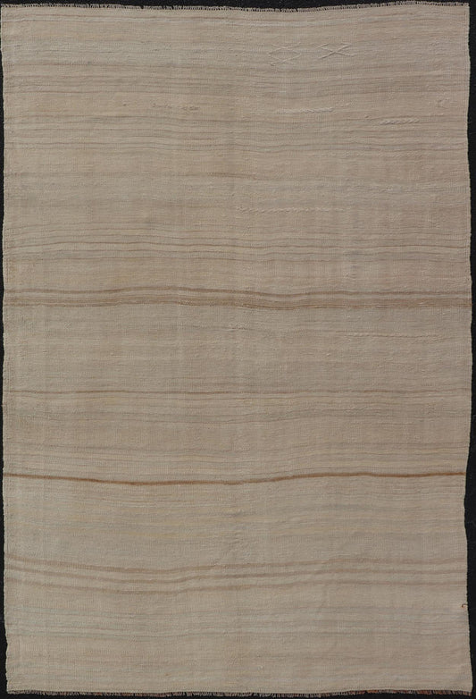 Turkish Hand Woven Vintage Kilim Rug with in Tan, Taupe, Brown, and Earth Tones Vintage Turkish Kilim Minimalist stripe design Kilim from Turkey, rug EN - 13491, country of origin / type: Turkey / Kilim, circa 1950 Measures: 5'4 x 8'9 - Keivan Woven ArtsEN - 13491 - 18824