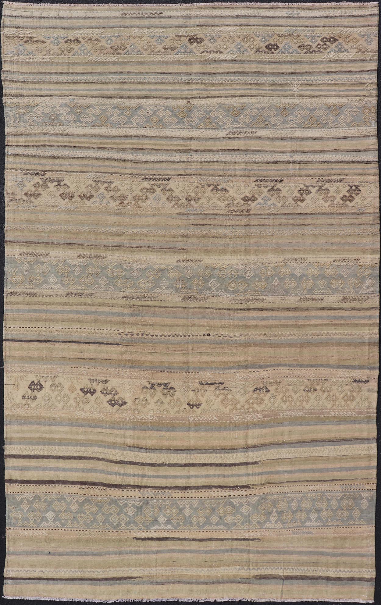Measures: 5'3 x 9'0 Turkish Vintage Kilim With Embroidered Motifs in Earthy Tones with Blue - Gray. Keivan Woven Arts / rug EN - 13495, country of origin / type: Turkey / Kilim, circa 1950 This flat - woven Kilim from Turkey features an enticing c... - Keivan Woven ArtsEN - 13495 - 21727Rug