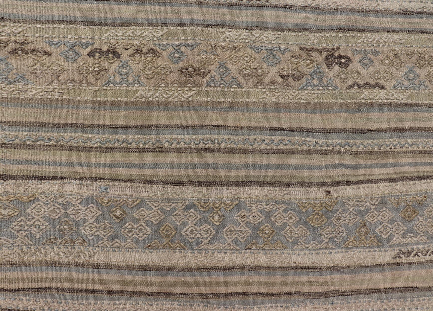 Measures: 5'3 x 9'0 Turkish Vintage Kilim With Embroidered Motifs in Earthy Tones with Blue - Gray. Keivan Woven Arts / rug EN - 13495, country of origin / type: Turkey / Kilim, circa 1950 This flat - woven Kilim from Turkey features an enticing c... - Keivan Woven ArtsEN - 13495 - 21727Rug