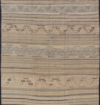 Measures: 5'3 x 9'0 Turkish Vintage Kilim With Embroidered Motifs in Earthy Tones with Blue - Gray. Keivan Woven Arts / rug EN - 13495, country of origin / type: Turkey / Kilim, circa 1950 This flat - woven Kilim from Turkey features an enticing c... - Keivan Woven ArtsEN - 13495 - 21727Rug