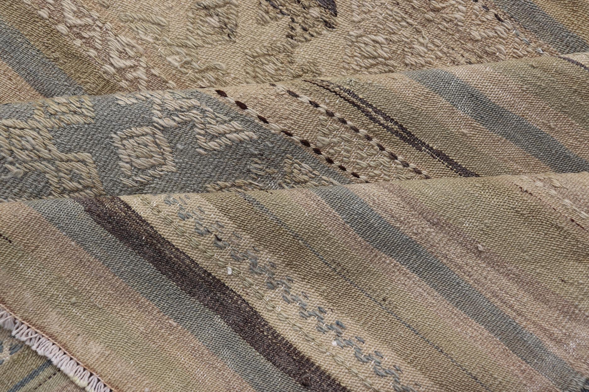 Measures: 5'3 x 9'0 Turkish Vintage Kilim With Embroidered Motifs in Earthy Tones with Blue - Gray. Keivan Woven Arts / rug EN - 13495, country of origin / type: Turkey / Kilim, circa 1950 This flat - woven Kilim from Turkey features an enticing c... - Keivan Woven ArtsEN - 13495 - 21727Rug