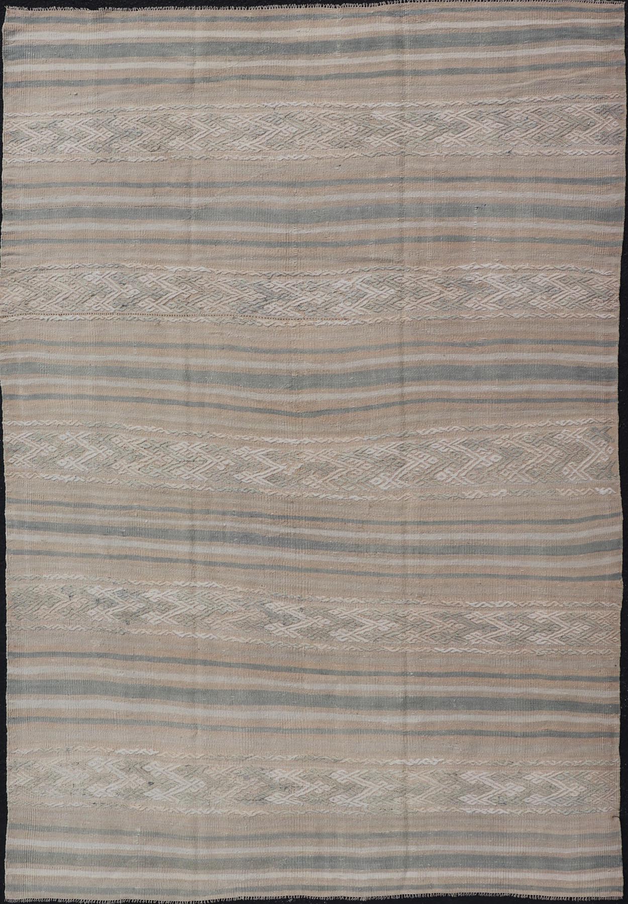 Measures: 5'0 x 7'8 Turkish Vintage Flat - Weave Kilim with Tribal Embroideries in Earthy Tones. Keivan Woven Arts / rug EN - 13605, country of origin / type: Turkey / Kilim, circa 1950 This vintage Turkish Kilim rug features a contemporary geom... - Keivan Woven ArtsEN - 13605 - 21733Rug