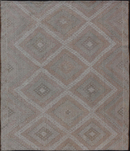 Vintage Turkish Embroidered Rug with Geometric Diamond Design with Soft Colors Embroidered vintage rug from Turkey in shades of tan, light green, light red, and cream with geometric pattern, Keivan Woven Arts / rug EN - 13652, country of origin / ... - Keivan Woven ArtsEN - 13652 - 18830Rug