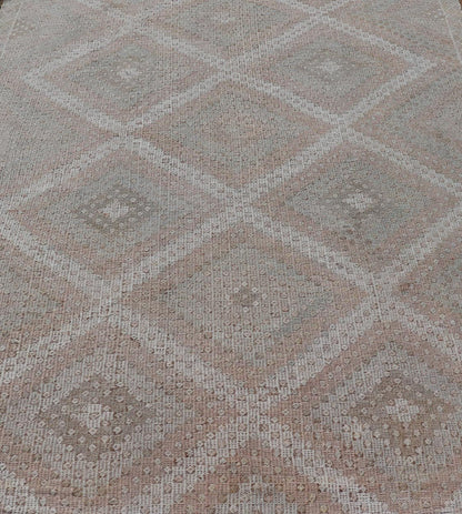 Vintage Turkish Embroidered Rug with Geometric Diamond Design with Soft Colors Embroidered vintage rug from Turkey in shades of tan, light green, light red, and cream with geometric pattern, Keivan Woven Arts / rug EN - 13652, country of origin / ... - Keivan Woven ArtsEN - 13652 - 18830Rug