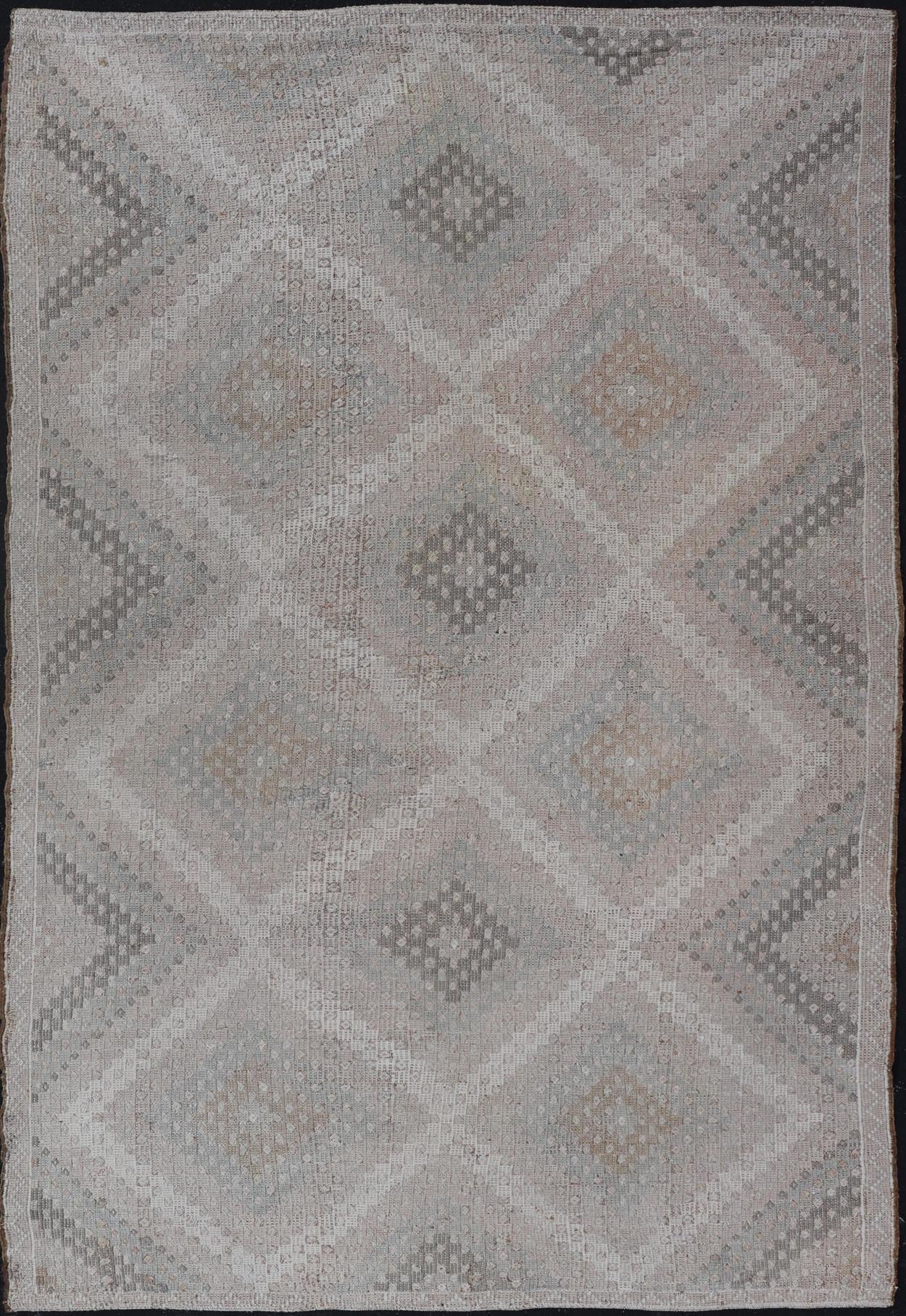 Vintage Turkish Flat - Weave Embroidered Rug with Geometric Diamond Design Embroidered vintage flat weave rug from Turkey in shades of tan, taupe, gray cream and neutrals with geometric pattern, Keivan Woven Arts / rug EN - 13653, country of origin ... - Keivan Woven ArtsEN - 13653 - 19256