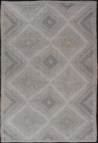 Vintage Turkish Flat - Weave Embroidered Rug with Geometric Diamond Design Embroidered vintage flat weave rug from Turkey in shades of tan, taupe, gray cream and neutrals with geometric pattern, Keivan Woven Arts / rug EN - 13653, country of origin ... - Keivan Woven ArtsEN - 13653 - 19256