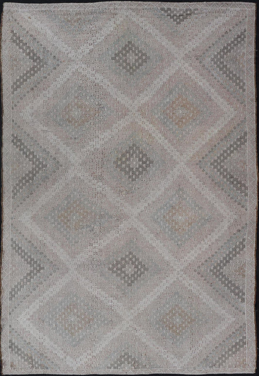 Vintage Turkish Flat - Weave Embroidered Rug with Geometric Diamond Design Embroidered vintage flat weave rug from Turkey in shades of tan, taupe, gray cream and neutrals with geometric pattern, Keivan Woven Arts / rug EN - 13653, country of origin ... - Keivan Woven ArtsEN - 13653 - 19256