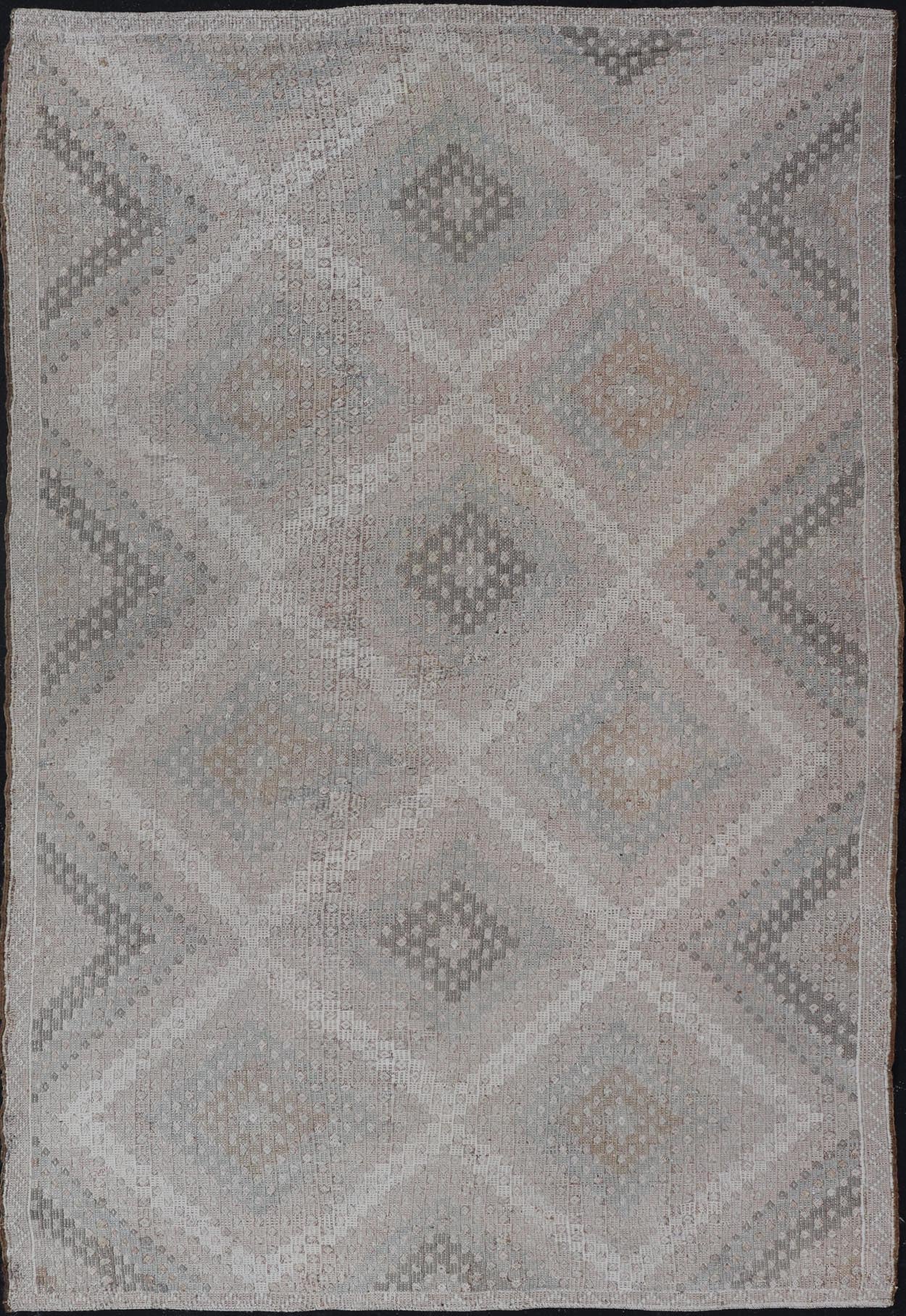 Vintage Turkish Flat - Weave Embroidered Rug with Geometric Diamond Design Embroidered vintage flat weave rug from Turkey in shades of tan, taupe, gray cream and neutrals with geometric pattern, Keivan Woven Arts / rug EN - 13653, country of origin ... - Keivan Woven ArtsEN - 13653 - 19256Rug