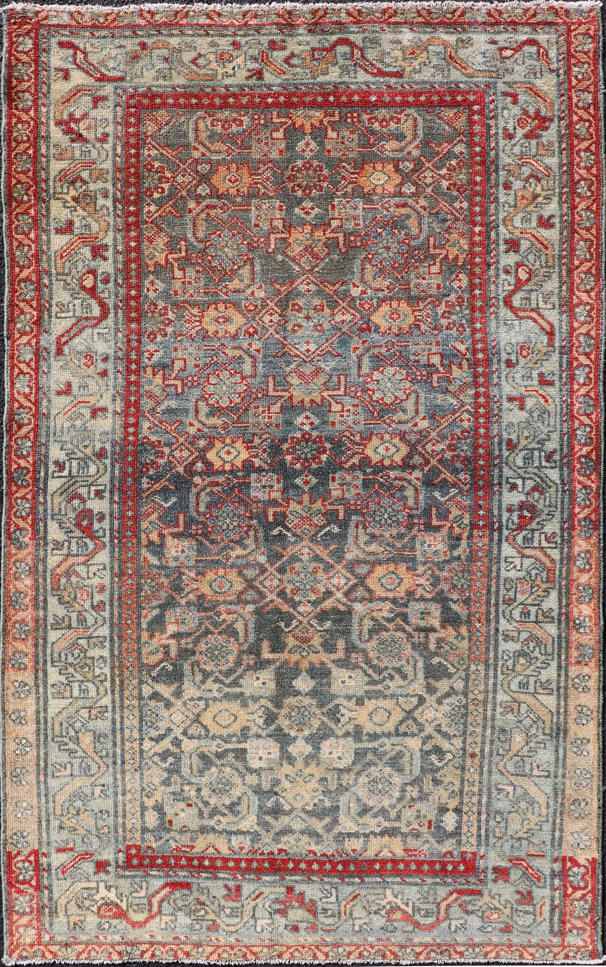 Antique Persian Malayer Rug with Colorful All - Over Geometric Design Antique Persian Malayer rug with colorful geometric design in gray, blue and red, rug EN - 137, country of origin / type: Iran / Malayer, circa 1910. This antique Persian M... - Keivan Woven ArtsEN - 137 - 14138Rug