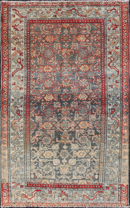 Antique Persian Malayer Rug with Colorful All - Over Geometric Design Antique Persian Malayer rug with colorful geometric design in gray, blue and red, rug EN - 137, country of origin / type: Iran / Malayer, circa 1910. This antique Persian M... - Keivan Woven ArtsEN - 137 - 14138Rug