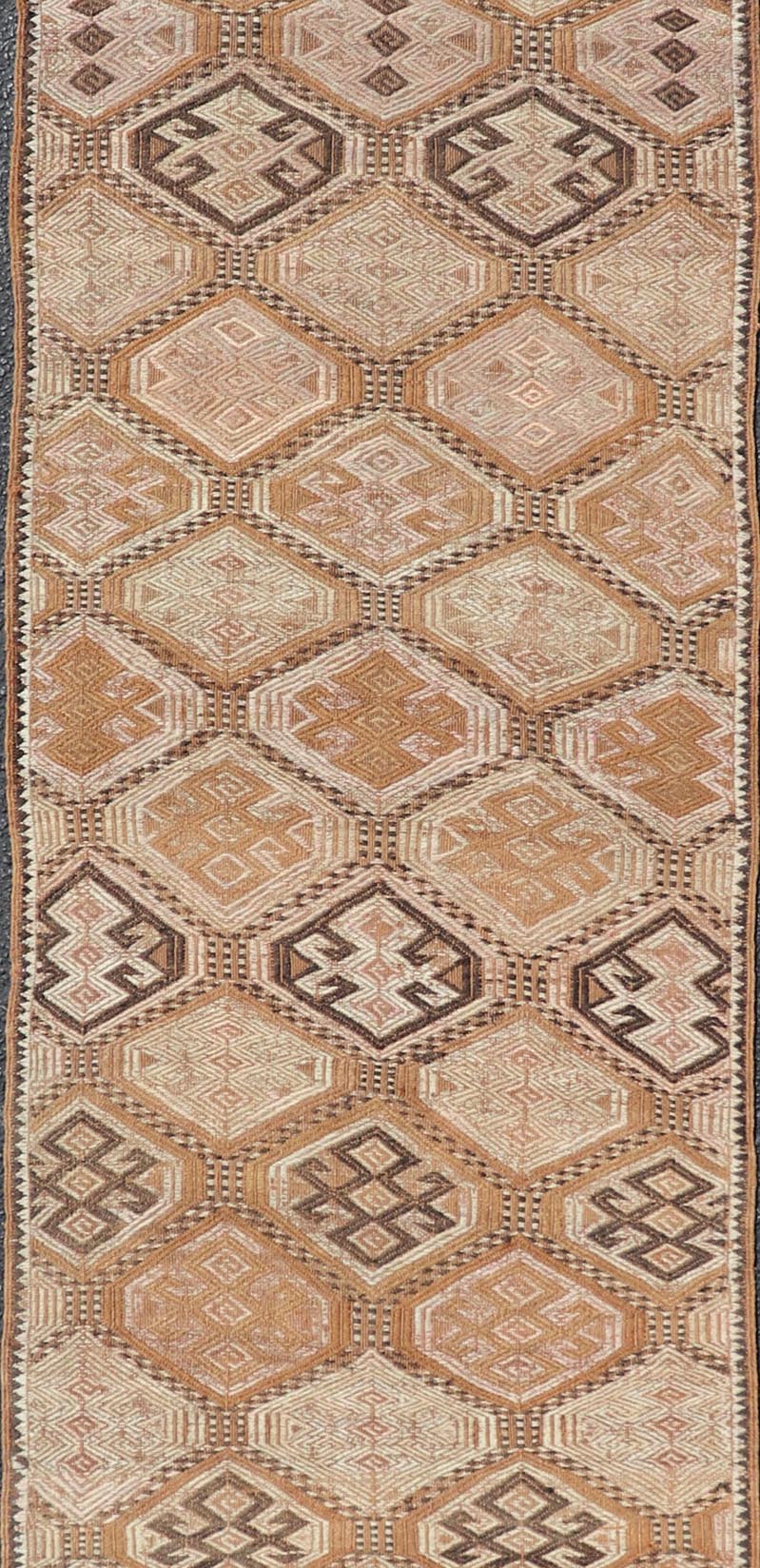 Vintage Turkish Kilim Runner with Warm Earthy Tones and Geometric Patterns - Keivan Woven ArtsEN - 13707Rug