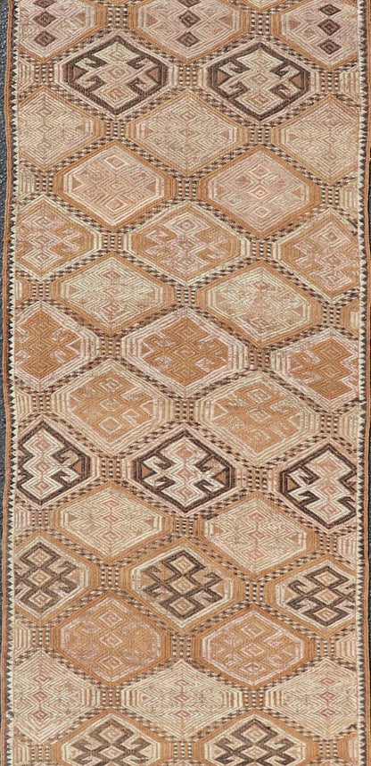 Vintage Turkish Kilim Runner with Warm Earthy Tones and Geometric Patterns - Keivan Woven ArtsEN - 13707Rug