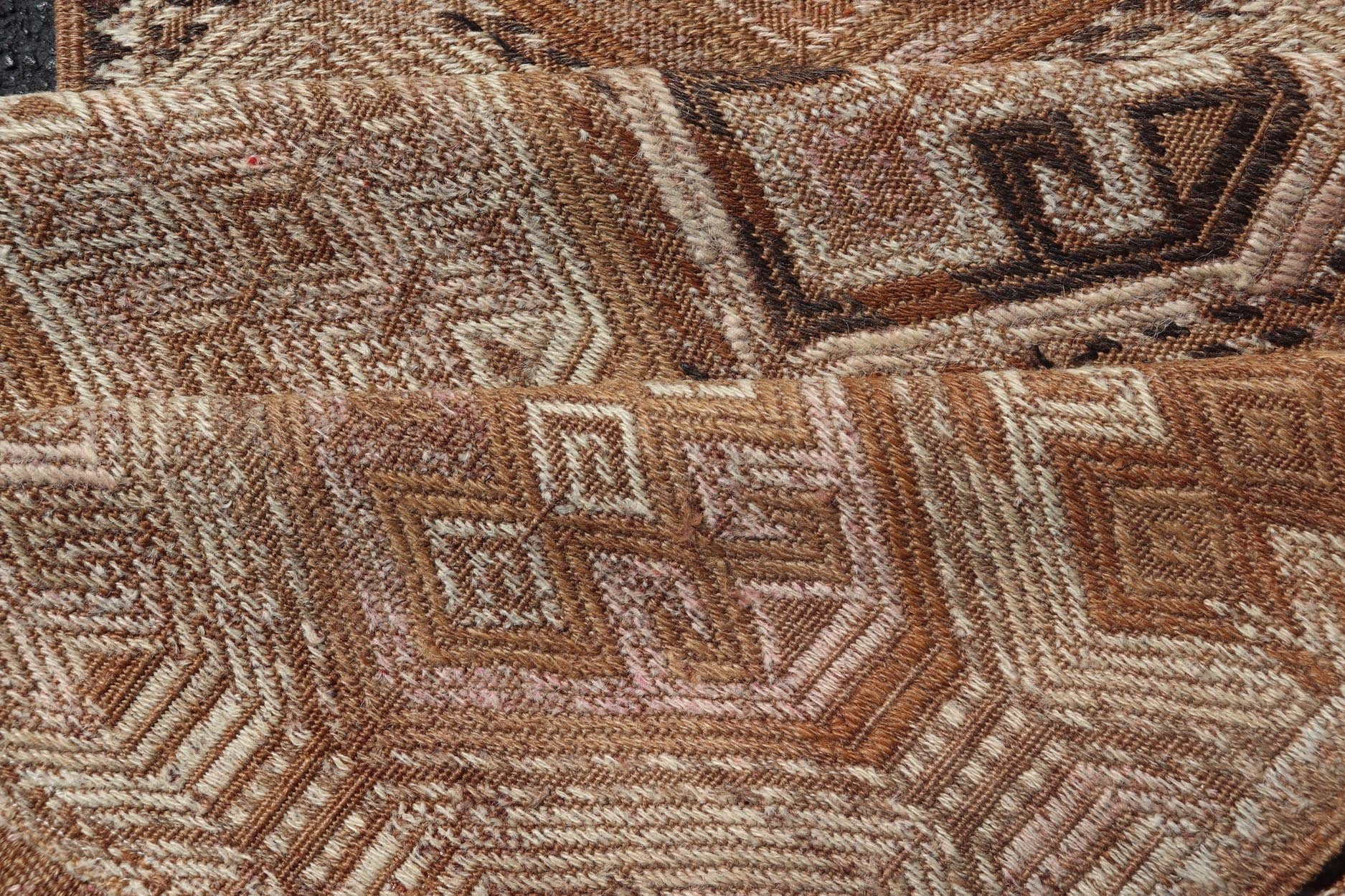 Vintage Turkish Kilim Runner with Warm Earthy Tones and Geometric Patterns - Keivan Woven ArtsEN - 13707Rug