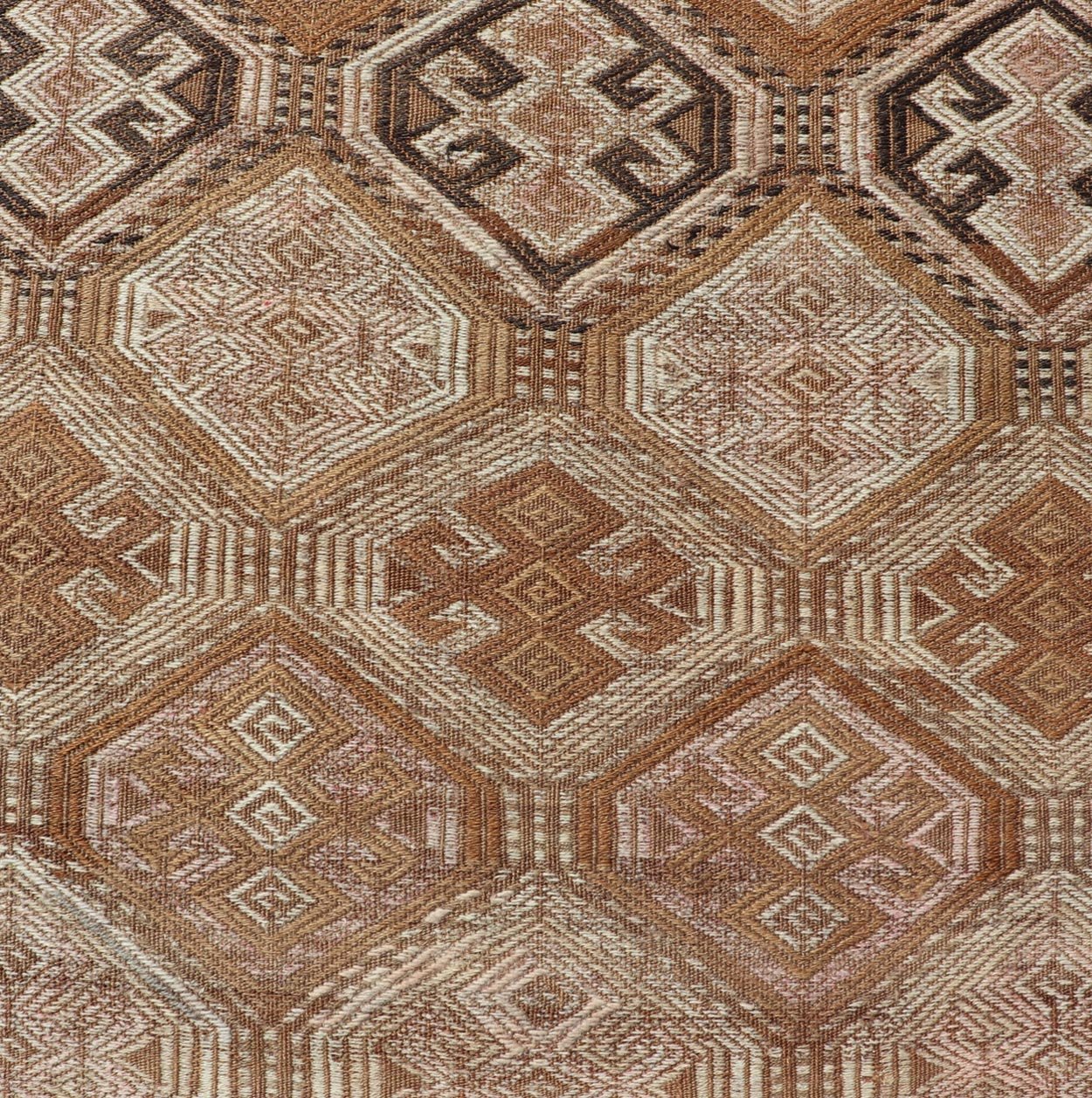 Vintage Turkish Kilim Runner with Warm Earthy Tones and Geometric Patterns - Keivan Woven ArtsEN - 13707Rug