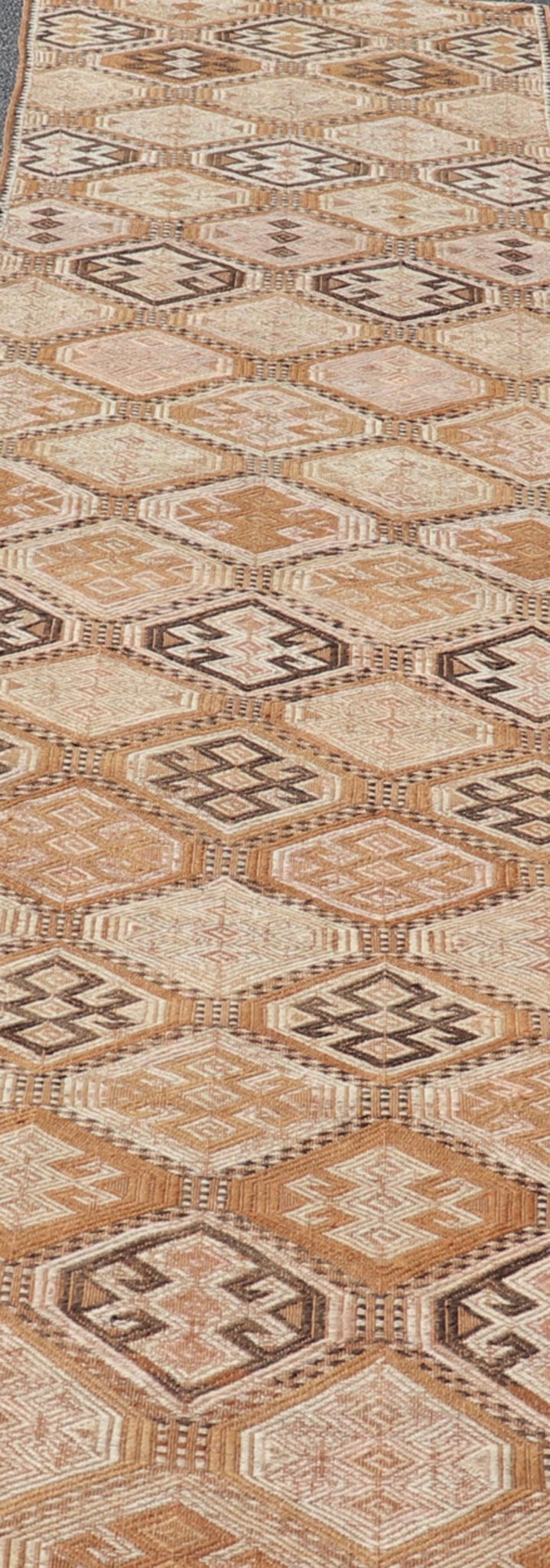 Vintage Turkish Kilim Runner with Warm Earthy Tones and Geometric Patterns - Keivan Woven ArtsEN - 13707Rug
