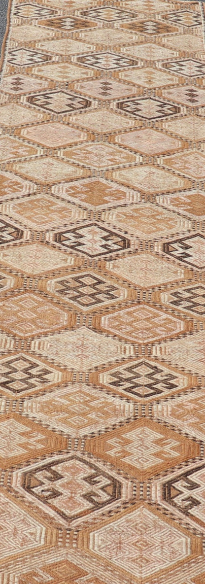 Vintage Turkish Kilim Runner with Warm Earthy Tones and Geometric Patterns - Keivan Woven ArtsEN - 13707Rug