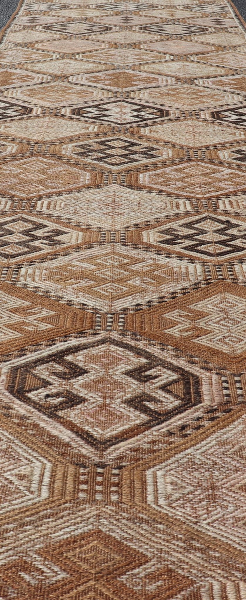 Vintage Turkish Kilim Runner with Warm Earthy Tones and Geometric Patterns - Keivan Woven ArtsEN - 13707Rug