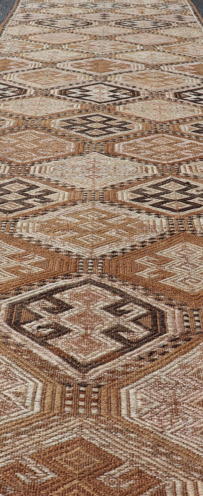 Vintage Turkish Kilim Runner with Warm Earthy Tones and Geometric Patterns - Keivan Woven ArtsEN - 13707Rug
