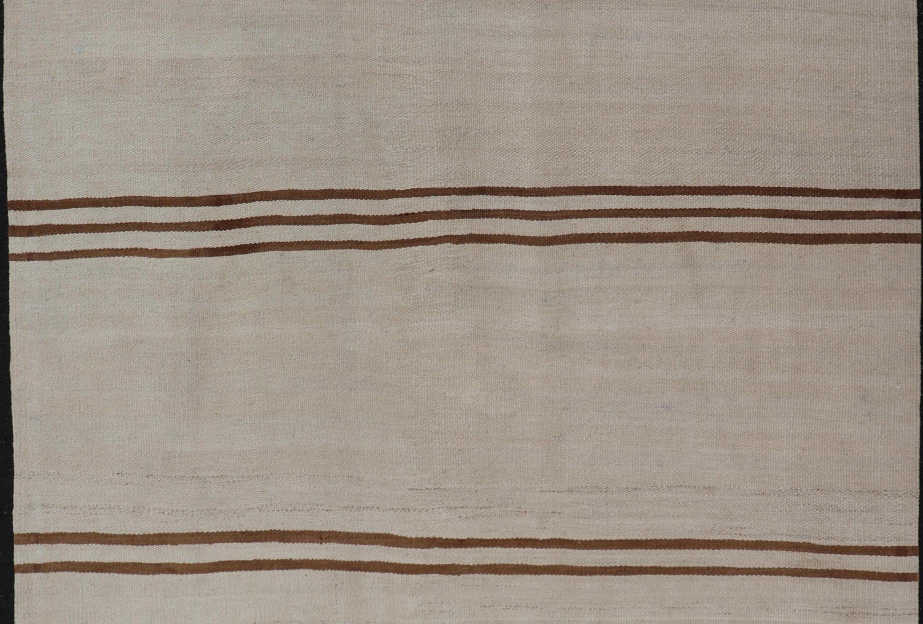 Flat - Weave Kilim Vintage Rug Turkey with Horizontal Stripes in Ivory & Brown. Keivan Woven Arts / rug EN - 13711, country of origin / type: Turkey / Kilim, circa 1950 Measures: 4'10 x 5'9 This vintage flat - woven Kilim features a minimalist design ... - Keivan Woven ArtsEN - 13711 - 23912Rug