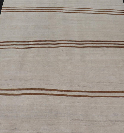 Flat - Weave Kilim Vintage Rug Turkey with Horizontal Stripes in Ivory & Brown. Keivan Woven Arts / rug EN - 13711, country of origin / type: Turkey / Kilim, circa 1950 Measures: 4'10 x 5'9 This vintage flat - woven Kilim features a minimalist design ... - Keivan Woven ArtsEN - 13711 - 23912Rug