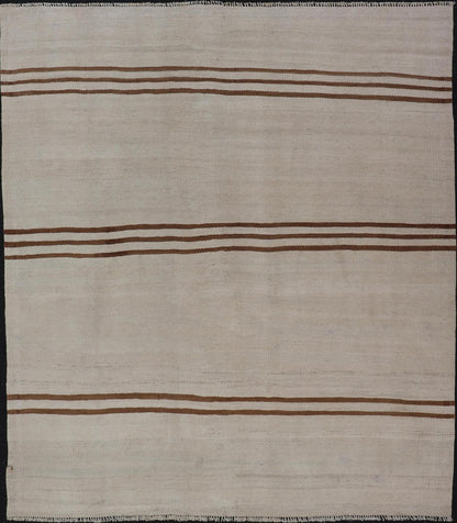 Flat - Weave Kilim Vintage Rug Turkey with Horizontal Stripes in Ivory & Brown. Keivan Woven Arts / rug EN - 13711, country of origin / type: Turkey / Kilim, circa 1950 Measures: 4'10 x 5'9 This vintage flat - woven Kilim features a minimalist design ... - Keivan Woven ArtsEN - 13711 - 23912Rug
