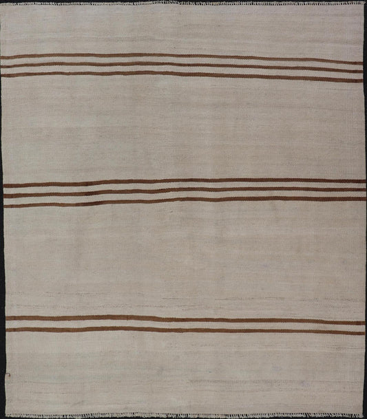 Flat - Weave Kilim Vintage Rug Turkey with Horizontal Stripes in Ivory & Brown. Keivan Woven Arts / rug EN - 13711, country of origin / type: Turkey / Kilim, circa 1950 Measures: 4'10 x 5'9 This vintage flat - woven Kilim features a minimalist design ... - Keivan Woven ArtsEN - 13711 - 23912Rug