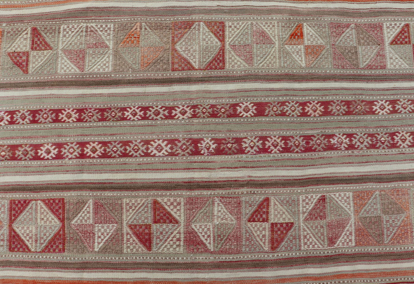 Measures: 4'10 x 6'6 Colorful Turkish Vintage Embroidered Kilim with Stripes and Geometric Motifs. Keivan Woven Arts / rug EN - 13798, country of origin / type: Turkey / Kilim, circa 1950 This vintage Kilim displays an array of designs, includ... - Keivan Woven ArtsEN - 13798 - 18413Rug