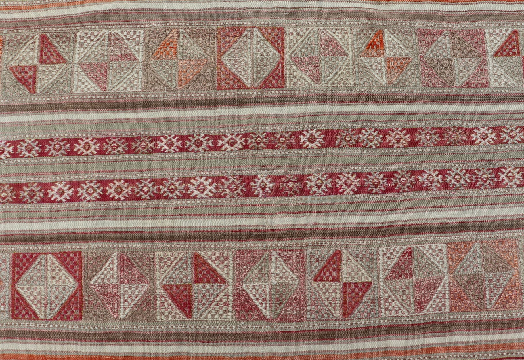 Measures: 4'10 x 6'6 Colorful Turkish Vintage Embroidered Kilim with Stripes and Geometric Motifs. Keivan Woven Arts / rug EN - 13798, country of origin / type: Turkey / Kilim, circa 1950 This vintage Kilim displays an array of designs, includ... - Keivan Woven ArtsEN - 13798 - 18413Rug