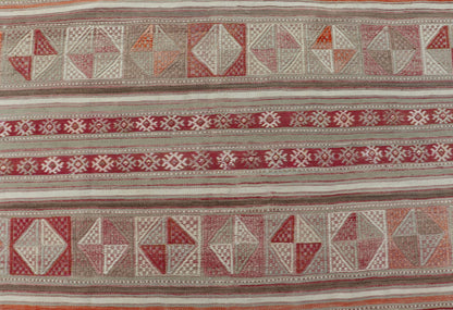 Measures: 4'10 x 6'6 Colorful Turkish Vintage Embroidered Kilim with Stripes and Geometric Motifs. Keivan Woven Arts / rug EN - 13798, country of origin / type: Turkey / Kilim, circa 1950 This vintage Kilim displays an array of designs, includ... - Keivan Woven ArtsEN - 13798 - 18413Rug