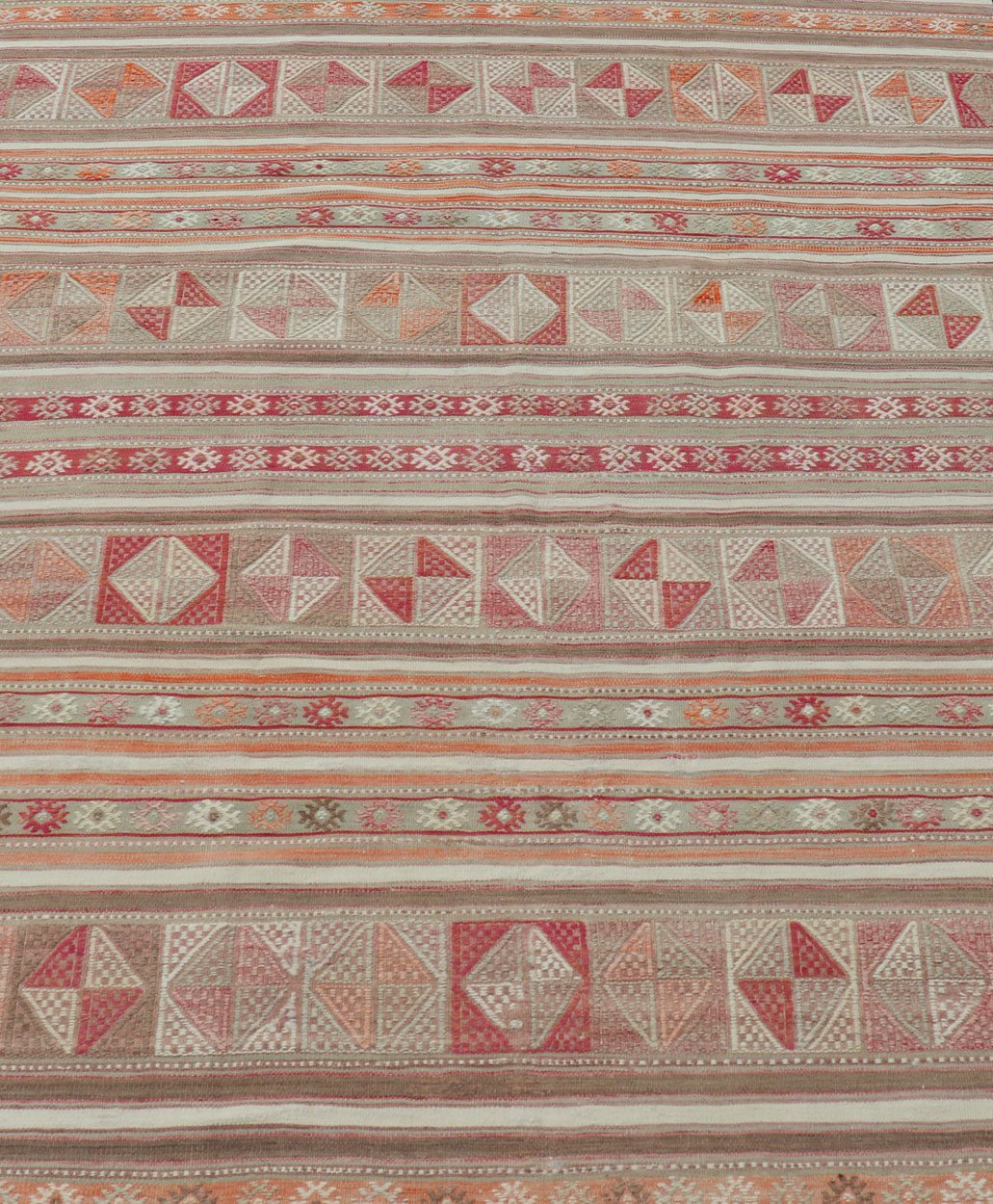 Measures: 4'10 x 6'6 Colorful Turkish Vintage Embroidered Kilim with Stripes and Geometric Motifs. Keivan Woven Arts / rug EN - 13798, country of origin / type: Turkey / Kilim, circa 1950 This vintage Kilim displays an array of designs, includ... - Keivan Woven ArtsEN - 13798 - 18413Rug