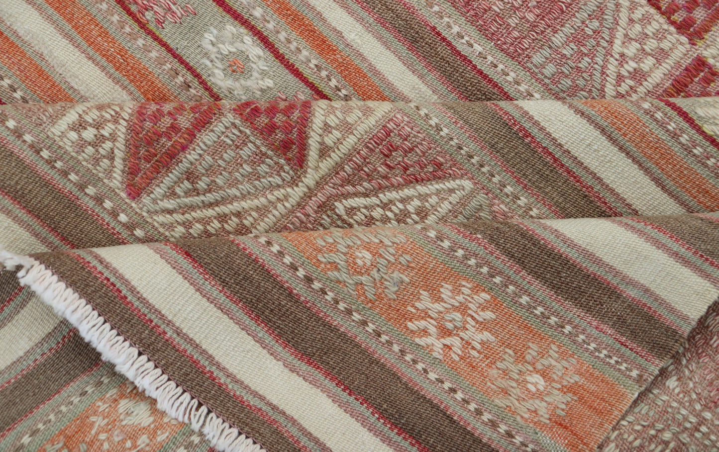 Measures: 4'10 x 6'6 Colorful Turkish Vintage Embroidered Kilim with Stripes and Geometric Motifs. Keivan Woven Arts / rug EN - 13798, country of origin / type: Turkey / Kilim, circa 1950 This vintage Kilim displays an array of designs, includ... - Keivan Woven ArtsEN - 13798 - 18413Rug