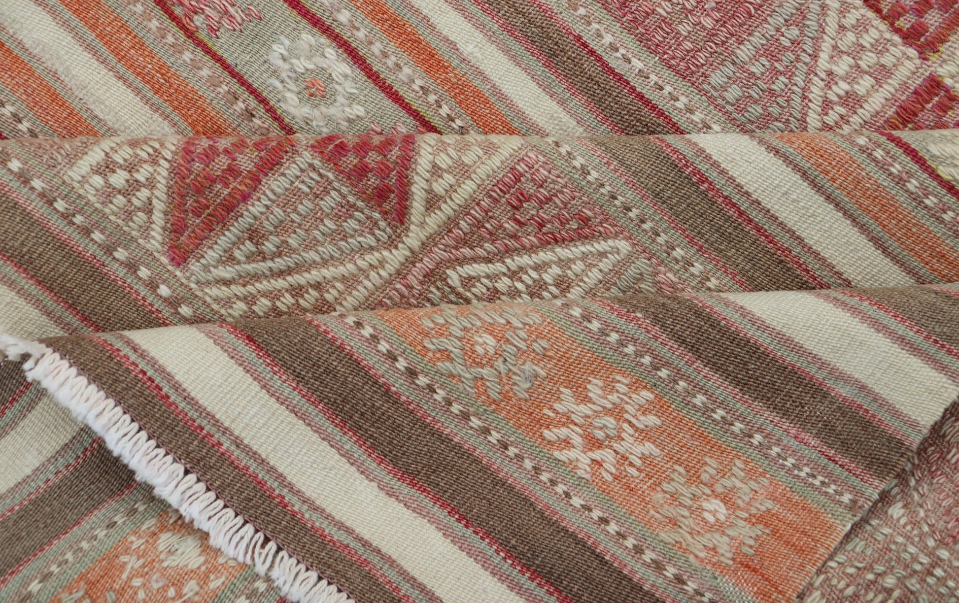 Measures: 4'10 x 6'6 Colorful Turkish Vintage Embroidered Kilim with Stripes and Geometric Motifs. Keivan Woven Arts / rug EN - 13798, country of origin / type: Turkey / Kilim, circa 1950 This vintage Kilim displays an array of designs, includ... - Keivan Woven ArtsEN - 13798 - 18413Rug