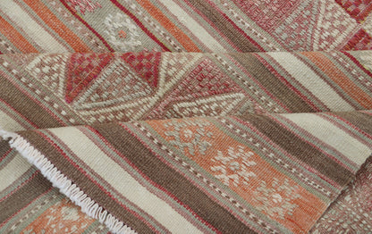 Measures: 4'10 x 6'6 Colorful Turkish Vintage Embroidered Kilim with Stripes and Geometric Motifs. Keivan Woven Arts / rug EN - 13798, country of origin / type: Turkey / Kilim, circa 1950 This vintage Kilim displays an array of designs, includ... - Keivan Woven ArtsEN - 13798 - 18413Rug