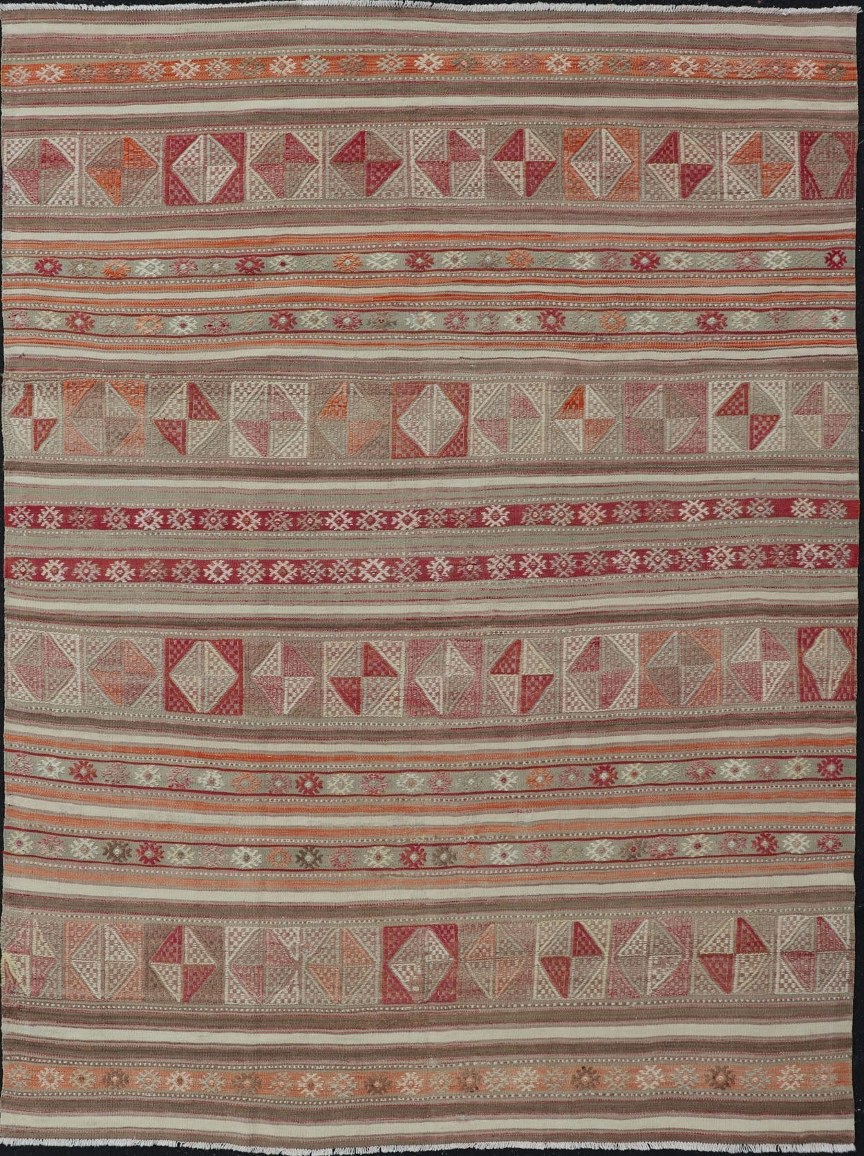 Measures: 4'10 x 6'6 Colorful Turkish Vintage Embroidered Kilim with Stripes and Geometric Motifs. Keivan Woven Arts / rug EN - 13798, country of origin / type: Turkey / Kilim, circa 1950 This vintage Kilim displays an array of designs, includ... - Keivan Woven ArtsEN - 13798 - 18413Rug