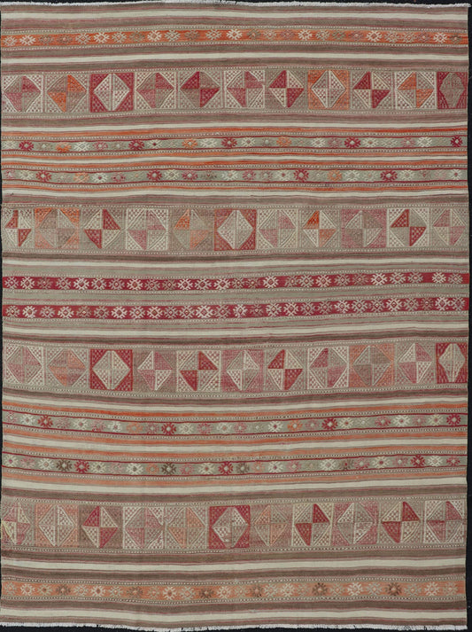 Measures: 4'10 x 6'6 Colorful Turkish Vintage Embroidered Kilim with Stripes and Geometric Motifs. Keivan Woven Arts / rug EN - 13798, country of origin / type: Turkey / Kilim, circa 1950 This vintage Kilim displays an array of designs, includ... - Keivan Woven ArtsEN - 13798 - 18413Rug