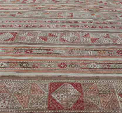 Measures: 4'10 x 6'6 Colorful Turkish Vintage Embroidered Kilim with Stripes and Geometric Motifs. Keivan Woven Arts / rug EN - 13798, country of origin / type: Turkey / Kilim, circa 1950 This vintage Kilim displays an array of designs, includ... - Keivan Woven ArtsEN - 13798 - 18413Rug